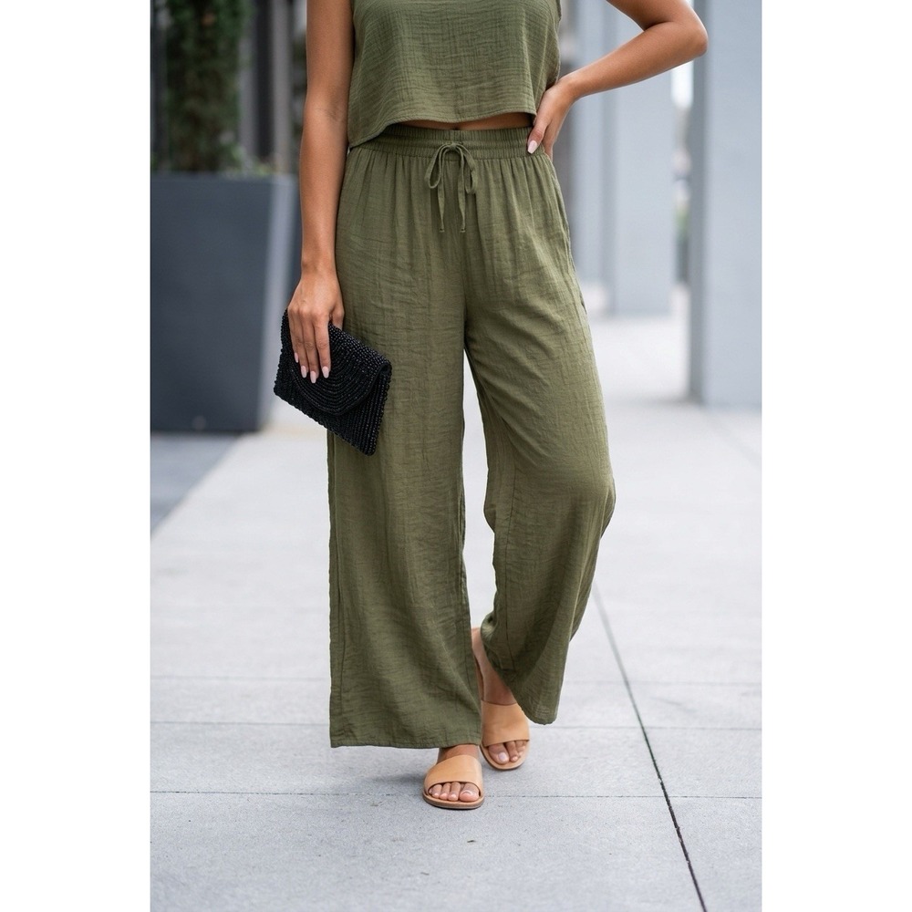 Joie Wide Leg Crop Pants Green  Flowy Elastic Drawstring Waist